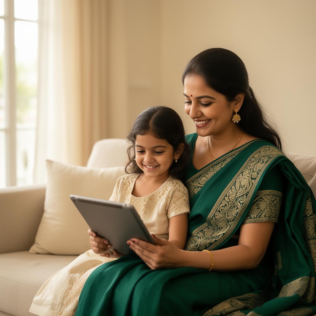 A parent and child reviewing a tablet together at home